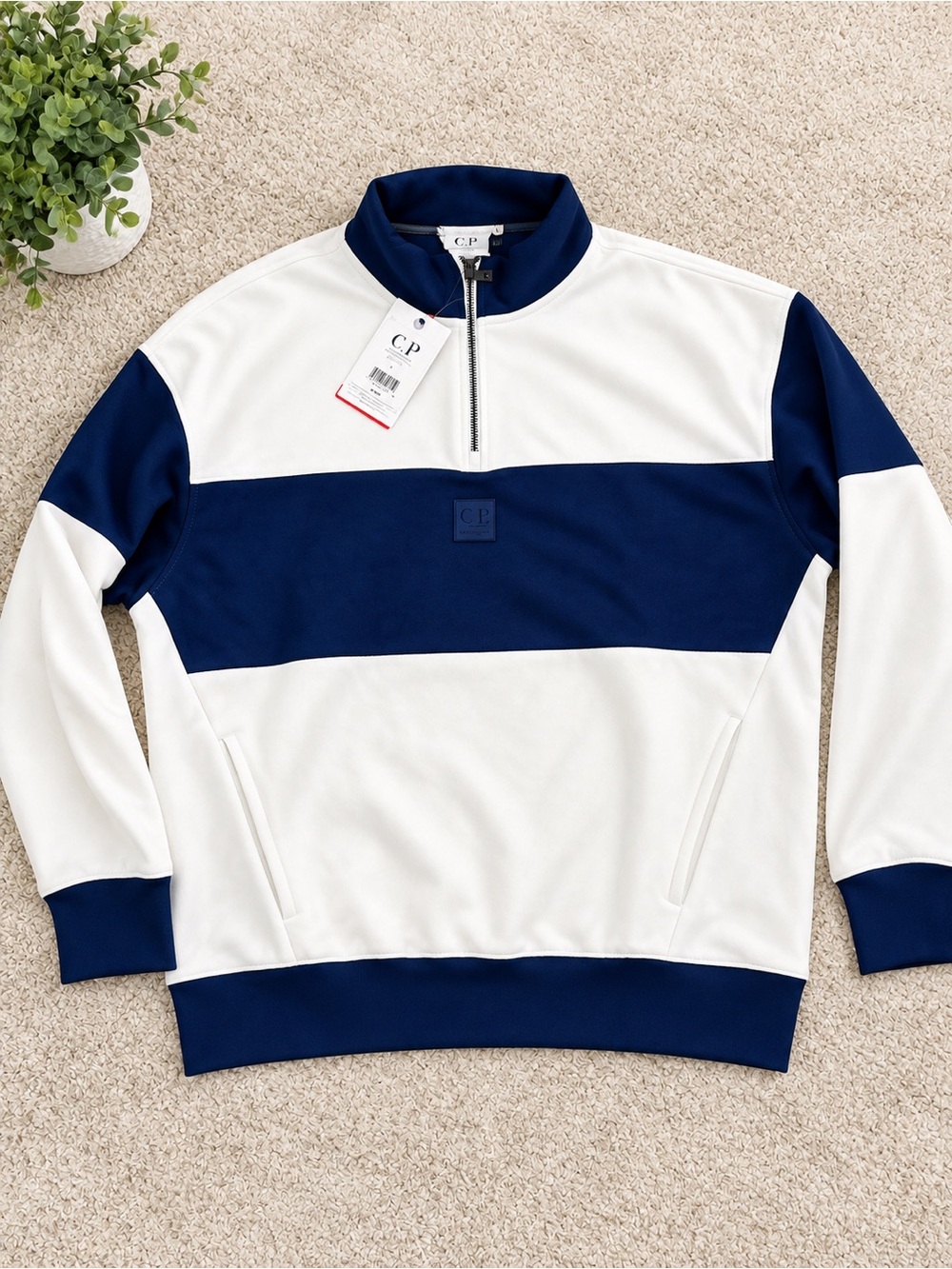 Champion White & Navy Half-Zip Panel Pullover